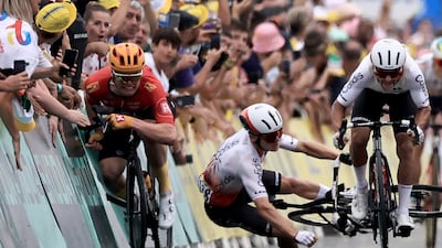 French rider Axel Zingle, of team Cofidis, crashes during the sprint finish. EPA
