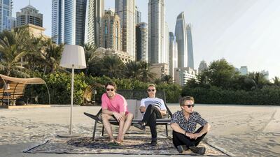 From left: Howard Donald, Gary Barlow and Mark Owen of Take That, at the Dubai Media City Ampitheatre in 2017.