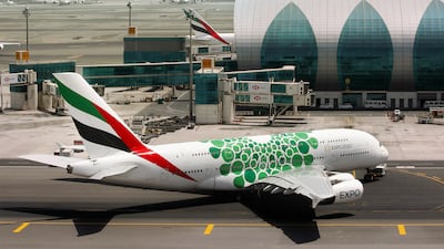The emerald green Expo 2020 sustainability livery on an Emirates A380. Courtesy Emirates