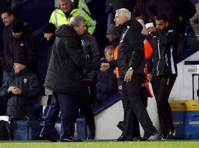 Crystal Palace manager Roy Hodgson shakes hands with West Bromwich Albion manager Alan Pardew after the match. Phil Noble / Reuters
