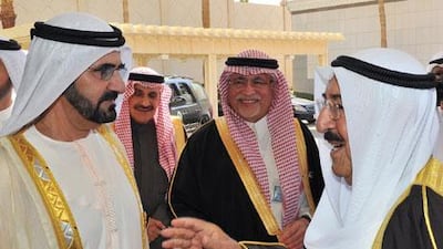 Sheikh Mohammed bin Rashid, left, Vice President of the UAE and Ruler of Dubai, welcomes Kuwait’s Emir Sheikh Sabah Al Ahmad Al Jaber Al Sabah, right, for a meeting on the sidelines of the GCC summit in Riyadh yesterday.