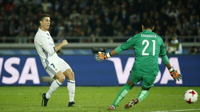 Real Madrid’s Cristiano Ronaldo scores their third goal in extra-time. Toru Hanai / Reuters