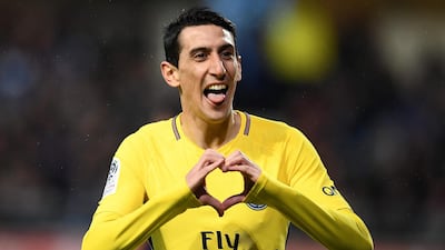 Angel Di Maria celebrates his goal against Troyes during the French Ligue 1 match. The Argentine has scored 13 times in 14 starts in 2018 for PSG. Franck Fife / AFP
