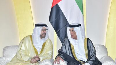 Sheikh Saud bin Saqr Al Qasimi, Ruler of Ras Al Khaimah, and Mohammed Al Gergawi at the reception. Wam