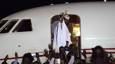 Yahya Jammeh waves to supporters as he departs from Banjul airport in Gambia on January 21, 2017. Jerome Delay / AP Photo