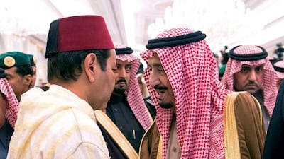 Morocco’s prince Moulay Rachid, left, gives condolence on the behalf of his brother King Mohammed VI on the death of the late King Abdullah. Saudi Press Agency/AP Photo