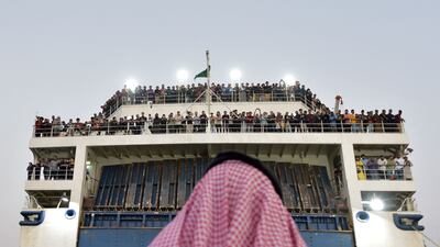 A boat with 1,687 civilians from more than 50 countries fleeing violence in Sudan, arrives at King Faisal naval base in Jeddah, Saudi Arabia. AFP