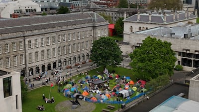 Students take part in an encampment protest over the Gaza conflict on the grounds of Trinity College in Dublin. AP