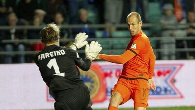 Arjen Robben shown during World Cup qualifying for the Netherlands against Estonia in 2013. Liis Treimann / AP / September 6, 2013
