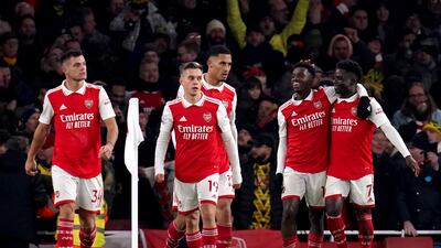 Arsenal's Eddie Nketiah celebrates with his teammates after scoring the winner. PA