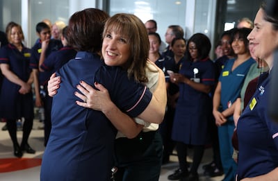Chancellor Rachel Reeves is embraced by chief nurse Vanessa Sweeney on a visit to University College London Hospital after delivering her budget speech. Getty Images
