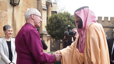 Britain's Archbishop of Canterbury Justin Welby greets the Saudi Crown Prince at Lambeth Palace.