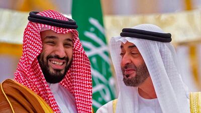 Sheikh Mohamed bin Zayed with Saudi Crown Prince Mohammed bin Salman in Abu Dhabi. AFP