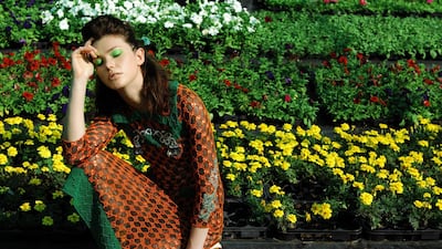 In Full Bloom: Dress, Dh31,800; socks, Dh1,400, both from Gucci. Shoes, Dh1,745, Stuart Weitzman