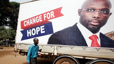 George Weah, former soccer player and presidential candidate for the Coalition for Democratic Change (CDC) says he is set for vicotry as preliminary results roll in in the elections in Liberia on December 27, 2017. Thierry Gouegnon / Reuters