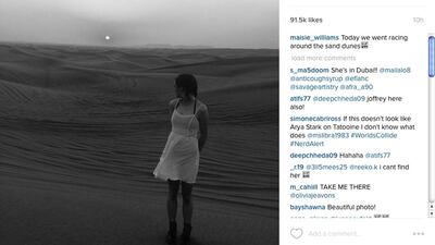 A screenshot from Maisie Williams’s Instagram account showing her in the desert during visit to Dubai.