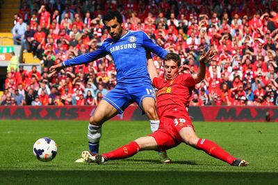 Mohamed Salah playing for Chelsea against future club Liverpool in 2014. Getty
