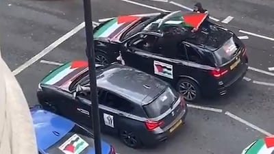 A convoy of vehicles travels through north London in solidarity with Palestinians. Twitter