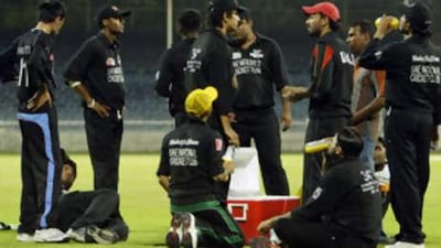 The UAE Cricket team at breaktime in Sharjah in April 2008.