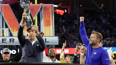 Los Angeles Rams owner Stan Kroenke celebrates with the Vince Lombardi Trophy. Reuters
