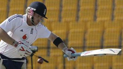 England's Ian Bell avoids a bouncer during a training session at Sheikh Zayed Stadium today.