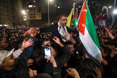 Zakaria Zubeidi in Ramallah after his release as part of a ceasefire agreement between Hamas and Israel in Gaza. AFP