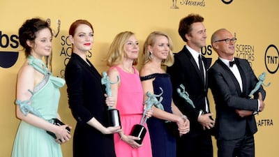 Michael Keaton and Edward Norton and other cast members of Birdman hold the award for Outstanding Performance by a Cast in a Motion Picture at the 21st Annual Screen Actors Guild Awards ceremony at the Shrine Auditorium in Los Angeles, California, USA, 25 January 2015. EPA