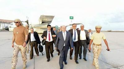 Yemeni president Abdrabu Mansur Hadi arrives at Aden international airport as he and his ministers return to the city on November 17, 2015. Courtesy of Yemen's presidential office