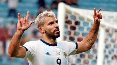 Sergio Aguero celebrates scoring Argentina's second goal. EPA