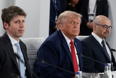 From left, OpenAI CEO Sam Altman, US President Donald Trump and Google DeepMind CEO Demis Hassabis at a working lunch with G7 leaders. Reuters