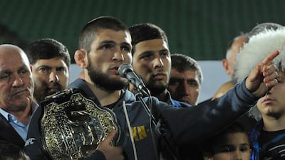 Khabib Nurmagomedov talks to the crowd in Makhachkala. Reuters