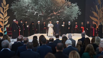 Pope Leo attends an ecumenical and interreligious meeting near the Mohammad Al Amin Mosque, in the Martyrs' Square in Beirut. AP