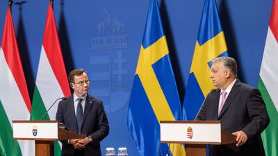 Sweden's Prime Minister Ulf Kristersson, left, visited Budapest on Friday to win the blessing of Hungary's Viktor Orban for the enlargement of Nato. Getty Images