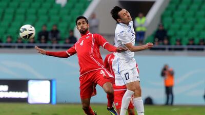 Habib Fardan, of the UAE, left,in action during the 2015 Asian Cup qualifying match between Uzbekistan and the UAE, in Tashkent, Uzbekistan, 5 March 2014. Courtesy UAE FA