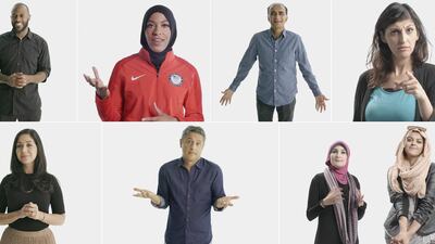 Some of the stars of 'Secret Life of Muslims'. From top left: Omar Regan, Ibtihaj Muhammad, Iqbal Theba and Zahra Noorbakhsh. From bottom left: Dena Takruri, Reza Aslan, Linda Sarsour and Amani Al Khatahtbeh. Courtesy Smartypants