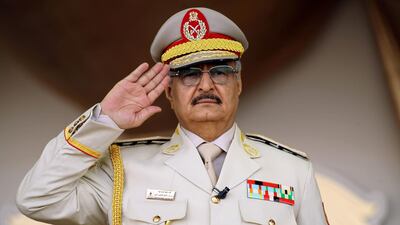 Field Marshal Khalifa Haftar salutes during a military parade in the eastern city of Benghazi, Libya. AFP