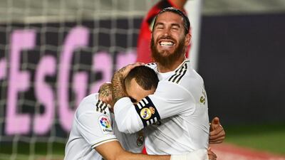 Real Madrid's Karim Benzema celebrates with Sergio Ramos. AFP