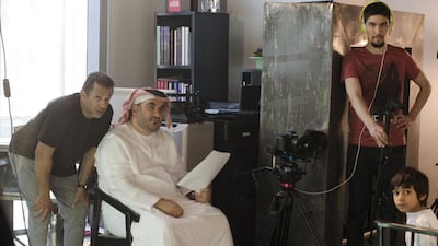 Emirati film director Jalal Luqman, left, on the set of 40 Dirhams. Courtesy Jalal Luqman