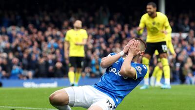 Everton's Vitaliy Mykolenko of Everton after missing a chance. Getty