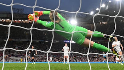 England goalkeeper Mary Earps makes a save during the Women's Euro 2022 Group A match between England and Austria. AFP