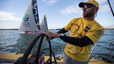 Abu Dhabi Ocean Racing skipper Ian Walker steers the Azzam during the start of Leg 5 of the Volvo Ocean Race on Wednesday. Matt Knighton / Abu Dhabi Ocean Racing / Volvo Ocean Race