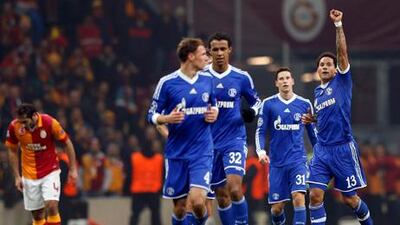 Schalke's Jermaine Jones celebrates his equaliser against Galatasaray.