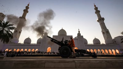 A cannon is fired at Sheikh Zayed Grand Mosque in Abu Dhabi to mark the first iftar of Ramadan. Victor Besa / The National