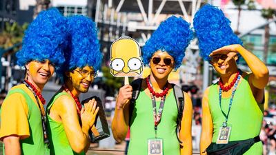 From left: Jake Storey, Gerard Shen, Dante Thompson and Mitch Borgstrom portray Marge Simpson from "The Simpsons". AFP