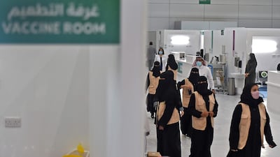 Nursing staff wait at the location where the vaccine is being administered as part of a vaccination campaign by the Saudi health ministry in the capital Riyadh. AFP