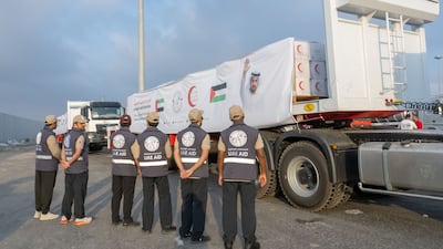 Fifty-nine lorries carrying aid sent by the UAE entered Gaza this week. Photo: Wam