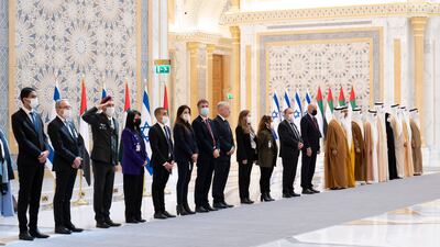 Members of the Israeli and UAE delegations attend an reception. Mohamed Al Hammadi / Ministry of Presidential Affairs
