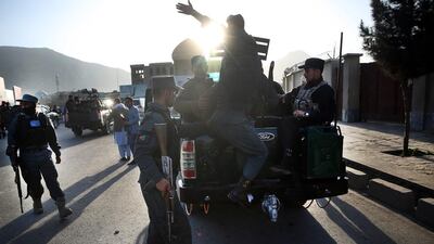 Afghan national police at the site of a suicide attack near the defence ministry compound in Kabul on February 27, 2016. Massoud Hossaini / AP Photo