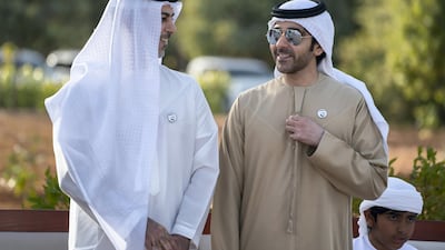 Sheikh Omar bin Zayed, Deputy Chairman of the Board of Trustees of Zayed bin Sultan Al Nahyan Charitable and Humanitarian Foundation (L) and Sheikh Hazza bin Tahnoon, Undersecretary to the Ruler's Representative in Al Ain Region (R), attend a barza held at Al Maqam Palace. Mohamed Al Hammadi / Ministry of Presidential Affairs