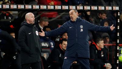Chelsea manager Maurizio Sarri, right, cannot hide his frustration during his side's 4-0 loss to Bournemouth. Action Images via Reuters